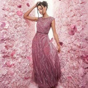 Mac Duggal 5445 Size 14 Pink Beaded Sequined Embellished Long Maxi Gown Dress